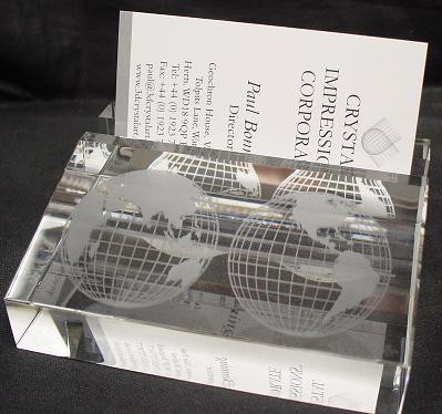 CRYSTAL BUSINESS CARD DESK HOLDER STAND with 3D Laser Engraved Image & Logo Set in Glass