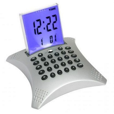 MULTIFUNCTION CALCULATOR CLOCK ON A HEAVY METAL BASE in Silver