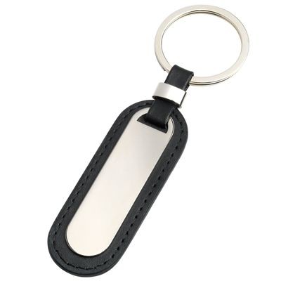 OVAL BLACK IMITATION LEATHER KEYRING with Silver Metal Plate