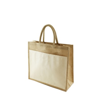 FUNO LAMINATED JUTE SHOPPER TOTE BAG with Canvas Pocket in Natural