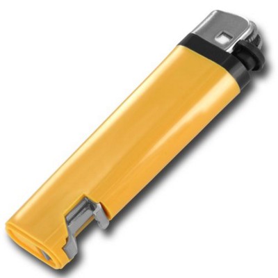 DISPOSABLE FLINT LIGHTER with Integral Bottle Opener in Yellow