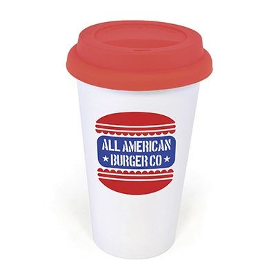 350ML DOUBLE WALLED PLASTIC TAKE-OUT STYLE COFFEE MUG with Colour Silicon Lid
