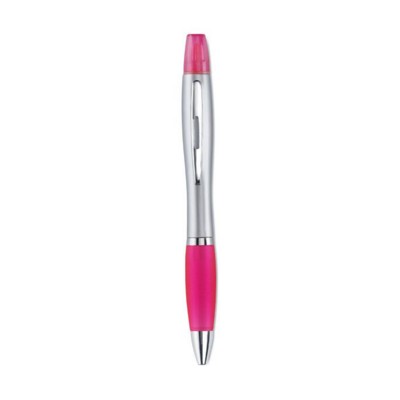 TWO in ONE PLASTIC BALL PEN & HIGHLIGHTER in Silver Satin Finish & Silver Chrome Fittings