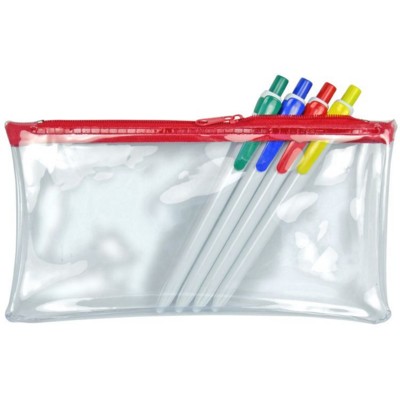 CLEAR TRANSPARENT PVC PENCIL CASE with Red Zip