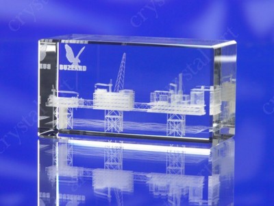 CRYSTAL GLASS RECTANGULAR CUBE PAPERWEIGHT or AWARD TROPHY with 3D Laser Engraved Image & Logo in Ce