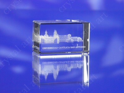 CRYSTAL GLASS RECTANGULAR BLOCK PAPERWEIGHT or AWARD TROPHY with 3D Laser Engraved Image & Logo in C