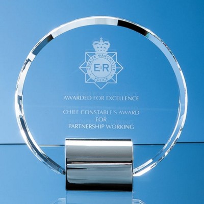 14CM OPTICAL CRYSTAL GLASS CIRCLE AWARD MOUNTED ON A SILVER CHROME STAND