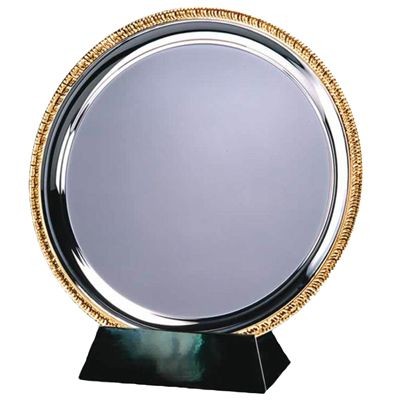 20CM SILVER METAL SALVER with Gold Ribbed Edge