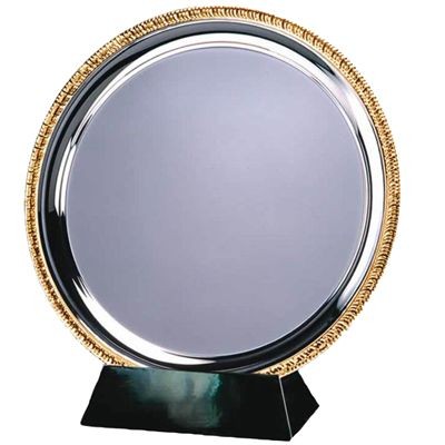 25CM SILVER METAL SALVER with Gold Ribbed Edge